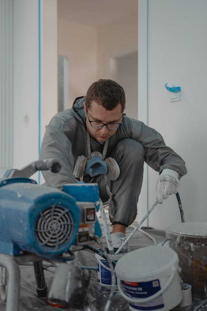 Man painting indoors for a home renovation project using protective gear and paint sprayer.
